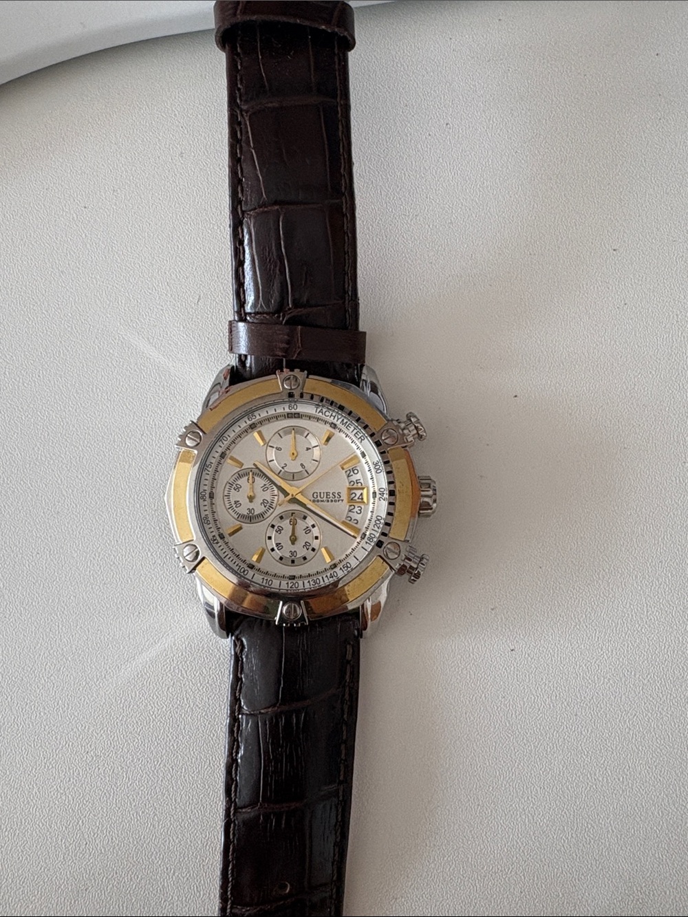 Guess Silver and Gold Chronograph Watch with Dark Brown Leather Strap